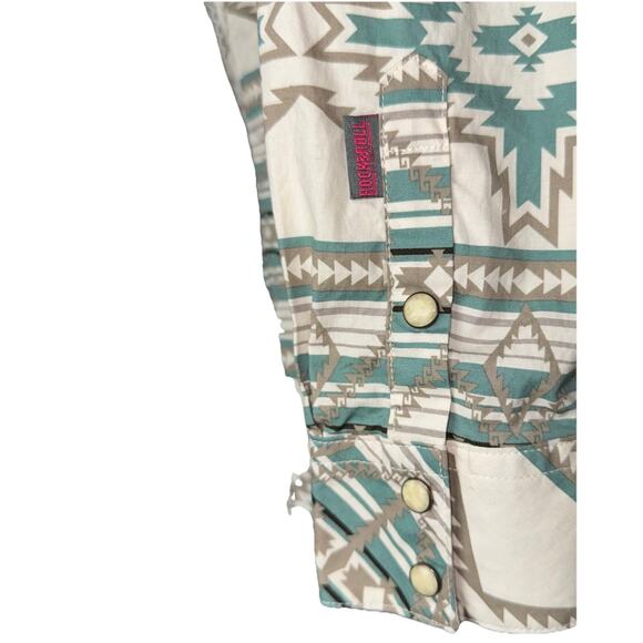 NWOT Rock Roll Denim Medium Cowgirl Aztec Western Shirt Women Blue White Rodeo - Picture 4 of 10
